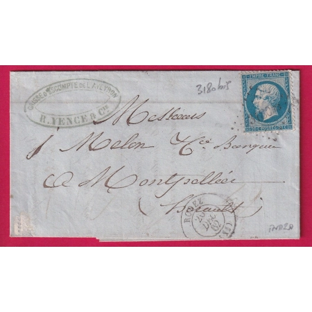 N°22 PC DU GC 3180bis RODEZ AVEYRON 1863 POUR MONTPELLIER HERAULT INDICE 20 LETTRE COVER FRANCE