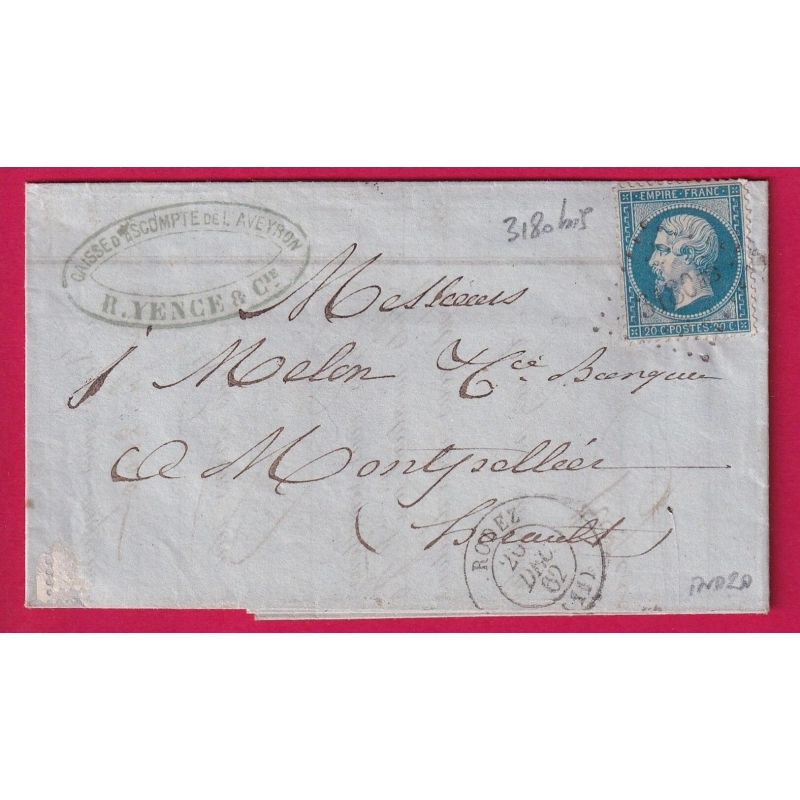 N°22 PC DU GC 3180bis RODEZ AVEYRON 1863 POUR MONTPELLIER HERAULT INDICE 20 LETTRE COVER FRANCE