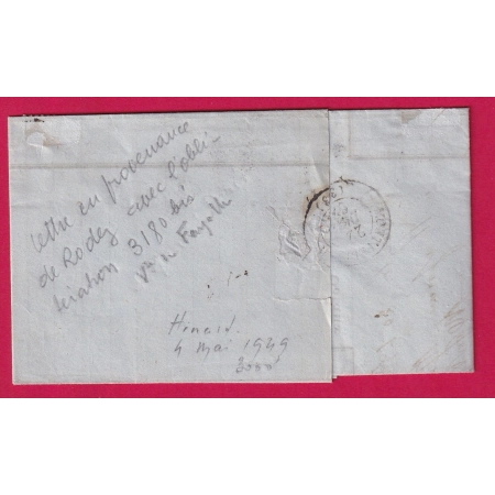 N°22 PC DU GC 3180bis RODEZ AVEYRON 1863 POUR MONTPELLIER HERAULT INDICE 20 LETTRE COVER FRANCE