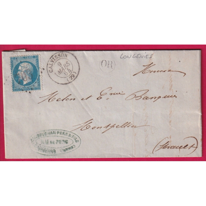 N°22 GC 709 CALVISSON GARD OR CONGENIES POUR MONTPELLIER HERAULT LETTRE COVER FRANCE