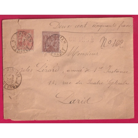 N°94 80 ST CHINIAN HERAULT LETTRE CHARGE POUR PARIS COVER
