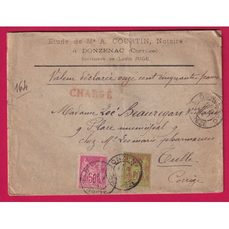 N°96 98 DONZENAC CORREZE LETTRE CHARGE POUR TULLE 1894 COVER