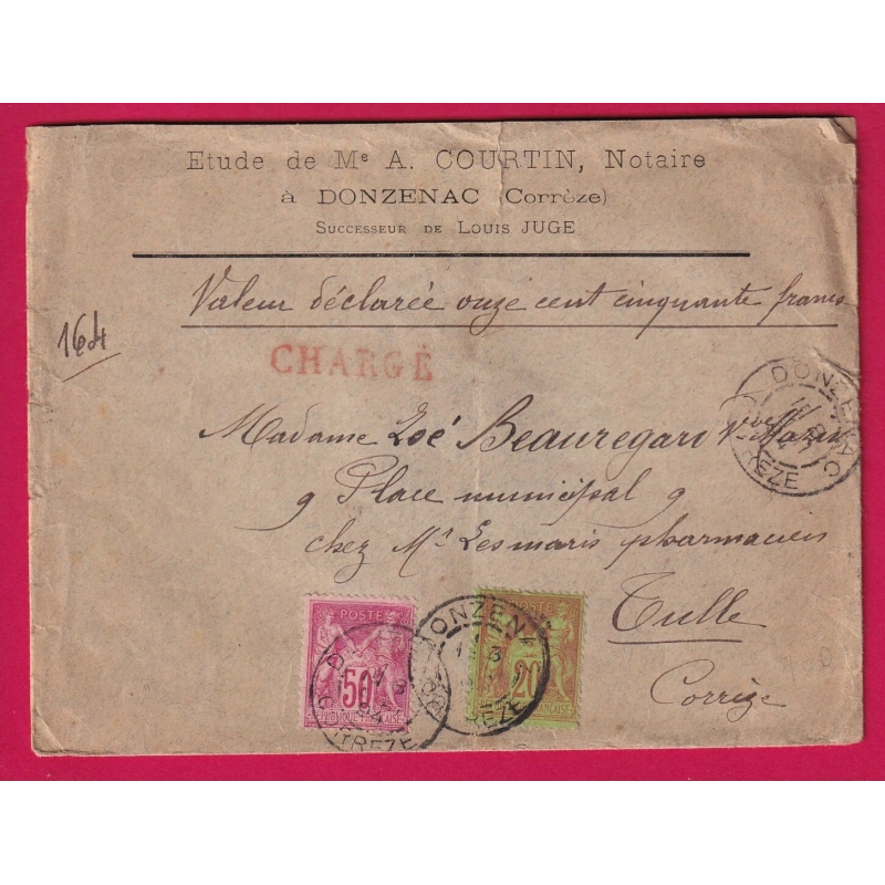 N°96 98 DONZENAC CORREZE LETTRE CHARGE POUR TULLE 1894 COVER