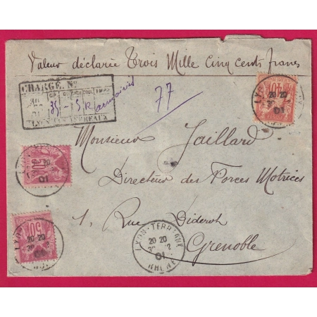 N°94 + 104 X2 LYON LES TERREAUX RHONE LETTRE CHARGE POUR GRENOBLE 1901 CHARGEMENT AU RECTO COVER