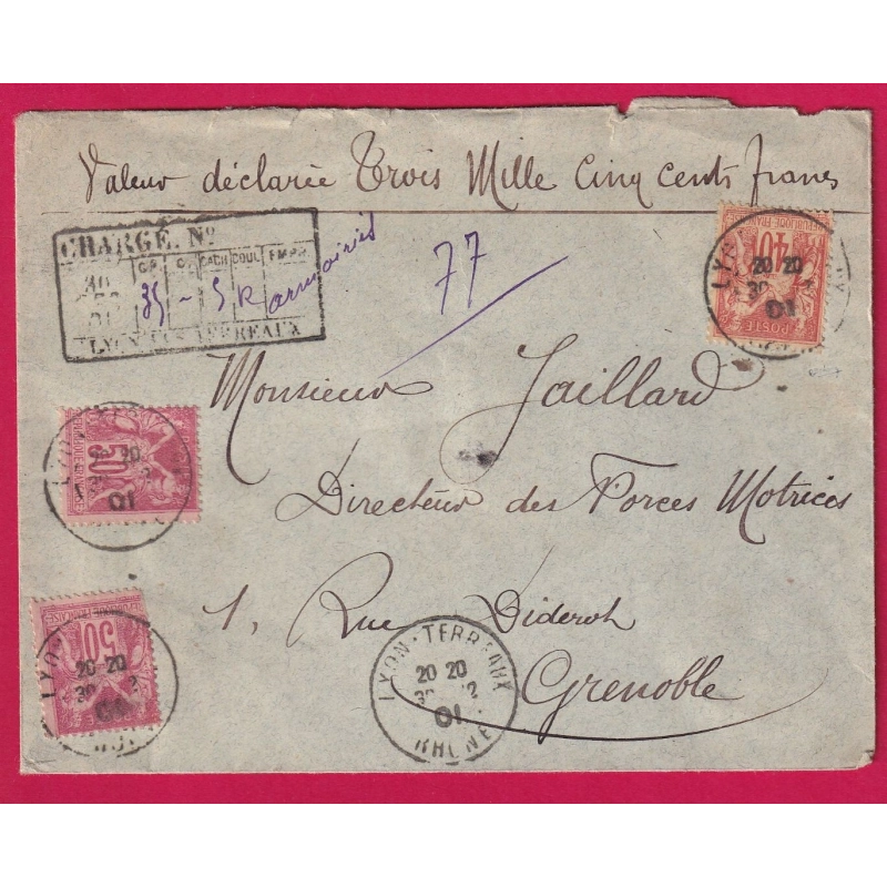 N°94 + 104 X2 LYON LES TERREAUX RHONE LETTRE CHARGE POUR GRENOBLE 1901 CHARGEMENT AU RECTO COVER