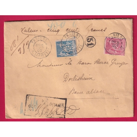 N°90 98 PARIS LAFAYETTE LETTRE CHARGE CHARGEMENT AU RECTO POUR DORLISHEIM BAS RHIN ALLEMAGNE 1900 LETTRE COVER