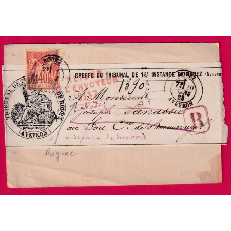 N°94 RODEZ AVEYRON RECOMMANDE RETOUR ENVOYEUR 3137 RIGNAC 1888 LETTRE COVER