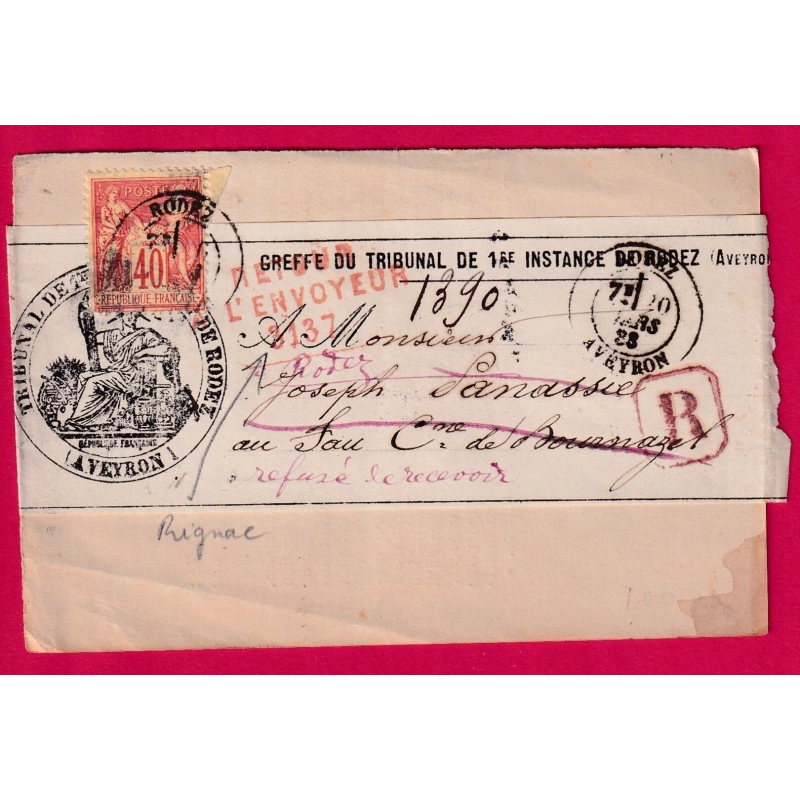N°94 RODEZ AVEYRON RECOMMANDE RETOUR ENVOYEUR 3137 RIGNAC 1888 LETTRE COVER