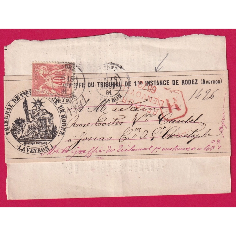 N°94 RODEZ AVEYRON RECOMMANDE RETOUR ENVOYEUR 6573 ST CHRISTOPHE LETTRE COVER