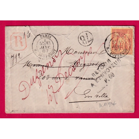 N°94 PARIS R DUFRENOY 1887 RECOMMANDE LOCAL RETOUR ENVOYEUR P69 REBUT DE PARIS AU DOS EN ROUGE LETTRE COVER
