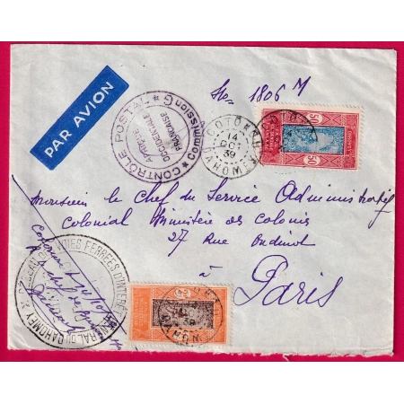 LETTRE PAR AVION COTONOU DAHOMEY 1939 CENSURE AOF POUR PARIS LETTRE COVER