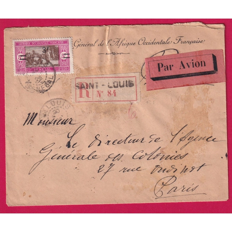 ST LOUIS SENEGAL RECOMMANDE PAR AVION LIGNE LATECOERE POUR PARIS LETTRE COVER