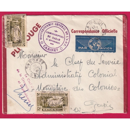 DAKAR SENGAL 1939 PLI ROUGE COURRIER OFFICIEL GOUVERNEUR AOF POUR PARIS PAR AVION LETTRE COVER