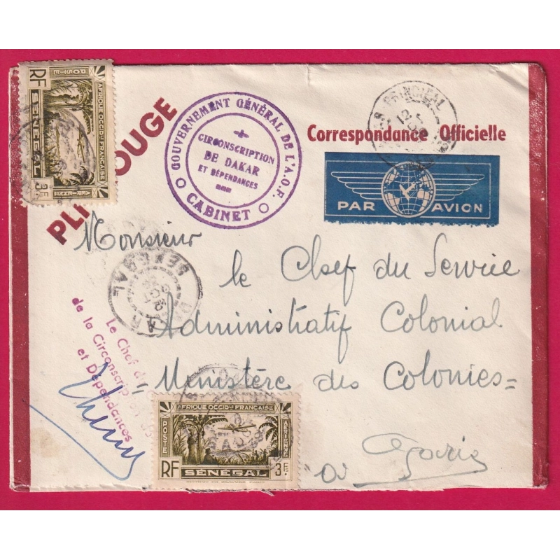 DAKAR SENGAL 1939 PLI ROUGE COURRIER OFFICIEL GOUVERNEUR AOF POUR PARIS PAR AVION LETTRE COVER