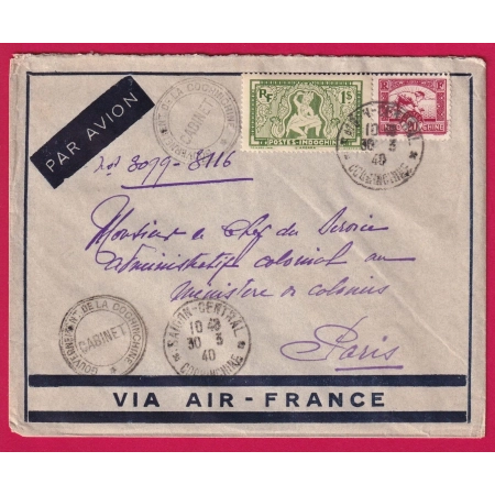 SAIGON CENTRAL COCHINCHINE 1940 LETTRE PAR AVION POUR PARIS CABINET DU GOUVERNEUR COVER