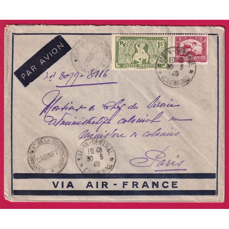 SAIGON CENTRAL COCHINCHINE 1940 LETTRE PAR AVION POUR PARIS CABINET DU GOUVERNEUR COVER