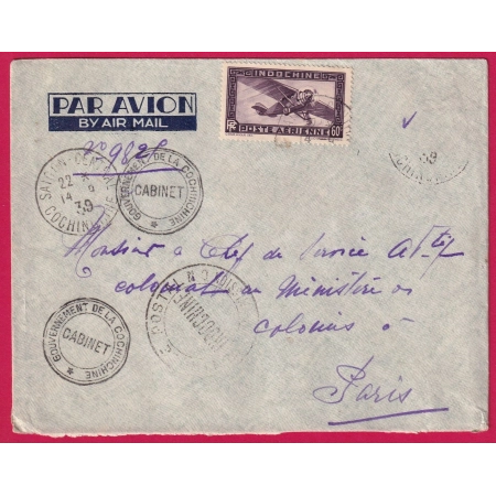 SAIGON CENTRAL COCHINCHINE 1939 CENSURE INDOCHINE LETTRE PAR AVION POUR PARIS CABINET DU GOUVERNEUR COVER