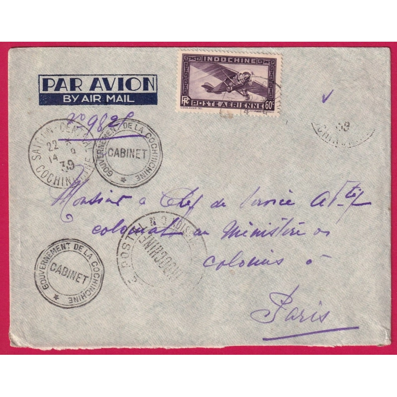 SAIGON CENTRAL COCHINCHINE 1939 CENSURE INDOCHINE LETTRE PAR AVION POUR PARIS CABINET DU GOUVERNEUR COVER