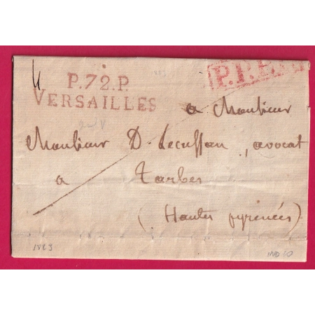 MARQUE P72P VERSAILLES SEINE ET OISE EN ROUGE + PPPP ENCADRE POUR TARBES HAUTES PYRENEES 1823 LETTRE COVER