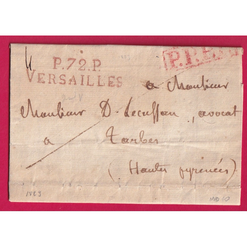 MARQUE P72P VERSAILLES SEINE ET OISE EN ROUGE + PPPP ENCADRE POUR TARBES HAUTES PYRENEES 1823 LETTRE COVER