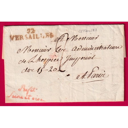FRANCHISE PREFET DE SEINE ET OISE EN ROUGE VERSAILLES 1811 POUR PARIS LETTRE COVER