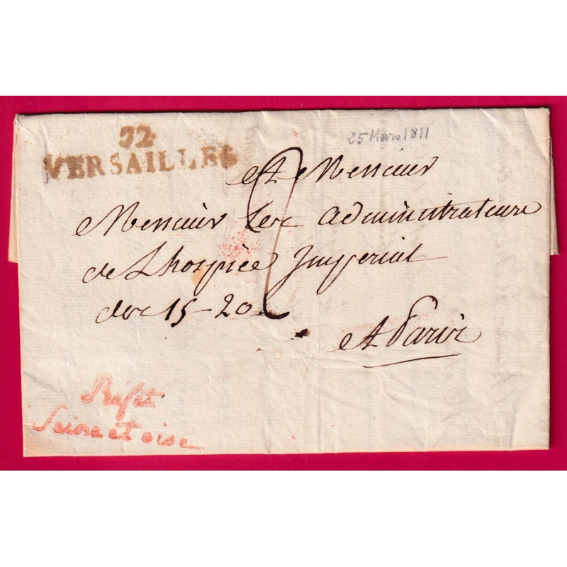 FRANCHISE PREFET DE SEINE ET OISE EN ROUGE VERSAILLES 1811 POUR PARIS LETTRE COVER