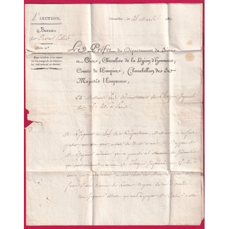 FRANCHISE PREFET DE SEINE ET OISE EN ROUGE VERSAILLES 1811 POUR PARIS LETTRE COVER