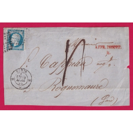 N°14 PARIS BUREAU B TAXE MANUSCRIT 4 AFFR INSUF B EN ROUGE ROQUEMAURE GARD DEVANT DE LETTRE COVER