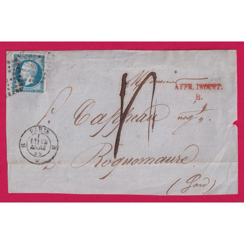N°14 PARIS BUREAU B TAXE MANUSCRIT 4 AFFR INSUF B EN ROUGE ROQUEMAURE GARD DEVANT DE LETTRE COVER