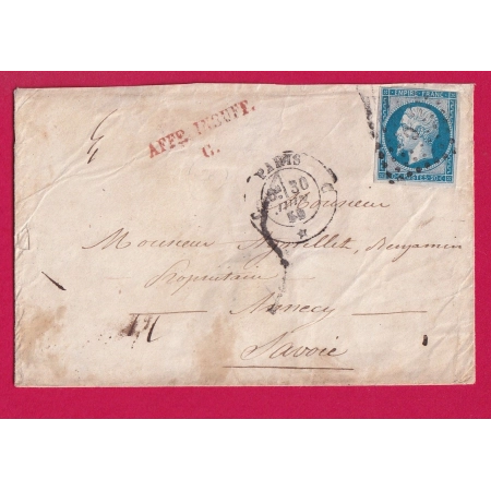 N°14 PARIS BUREAU C TAXE TAMPON 5 AFFR INSUF C EN ROUGE POUR ANNECY HAUTE SAVOIE 1859 LETTRE COVER