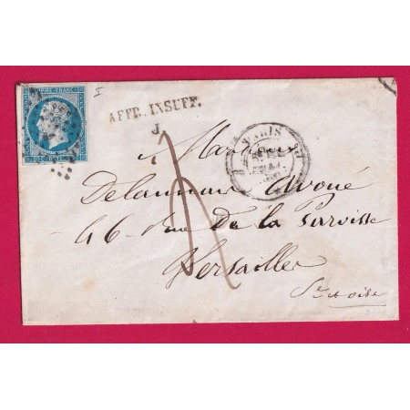 N°14 PARIS BUREAU J TAXE MANUSCRIT 4 AFFR INSUF J EN NOIR POUR VERSAILLES SEINE ET OISE 1860 LETTRE COVER