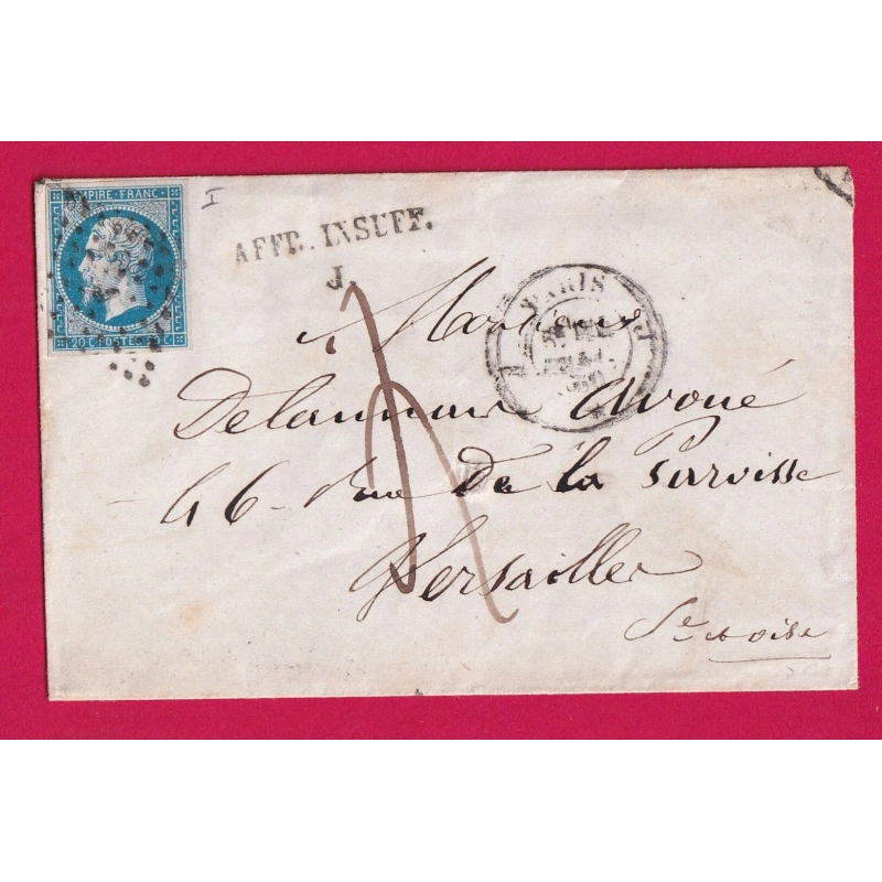 N°14 PARIS BUREAU J TAXE MANUSCRIT 4 AFFR INSUF J EN NOIR POUR VERSAILLES SEINE ET OISE 1860 LETTRE COVER