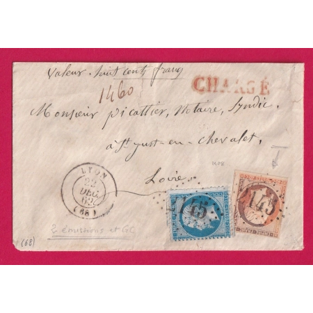 N° 16 + 22 MIXTE 2 EMISSIONS GC 2145 LYON RHONE 22 DEC 1862 PRECOCE POUR LE 22 LETTRE CHARGE ST JUST EN CHEVALET COVER