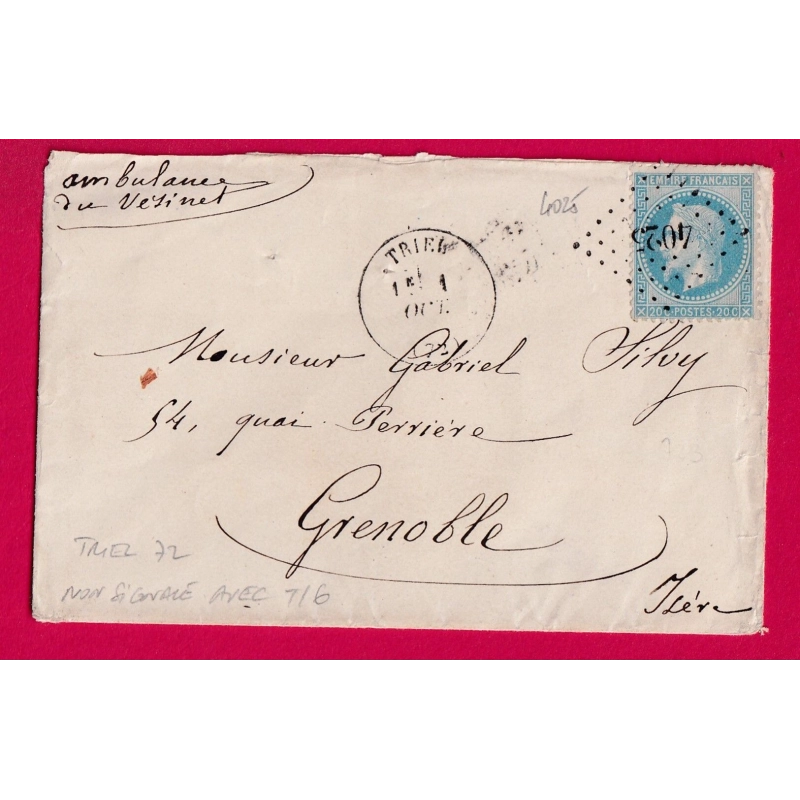 N°29 PC DU GC  4025 TRIEL SEINE ET OISE NON SIGNALE AVEC AD TYPE 16 GRENOBLE MENTION AMBUANCE DU VESINET LETTRE COVER