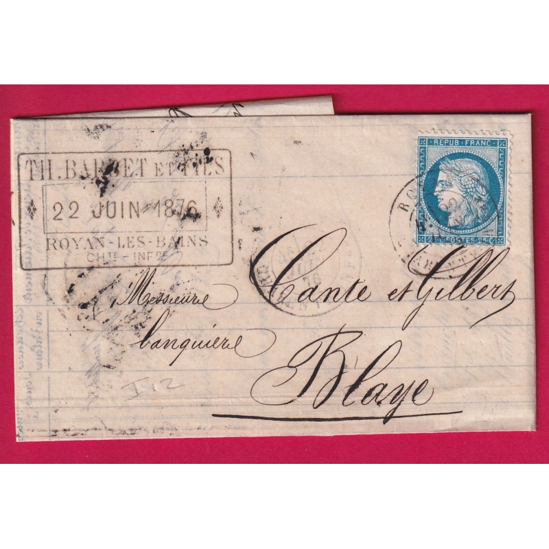 N°60 CAD TYPE 18 ROYAN CHARENTE INFERIEURE POUR BLAYE GIRONDE  LETTRE COVER