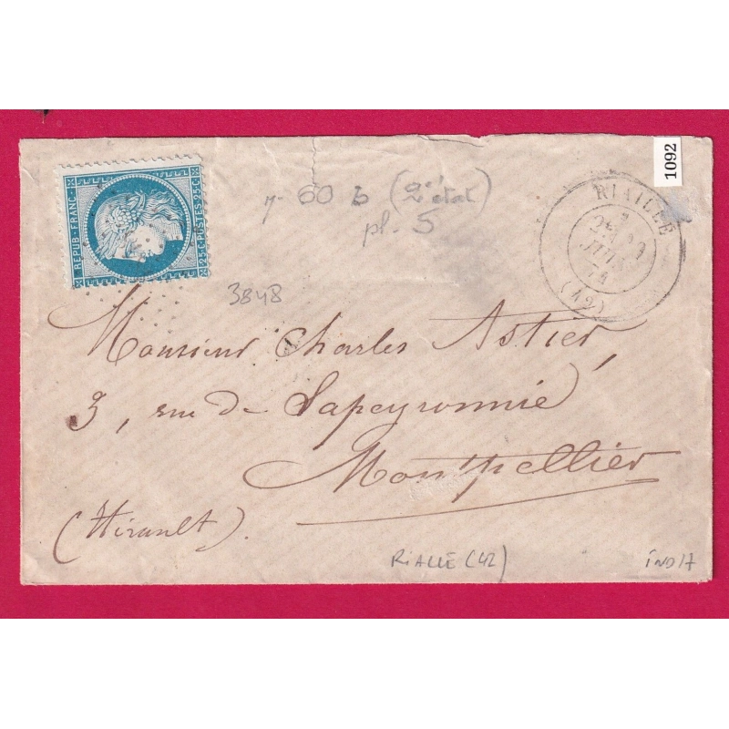 N°60B TYPE II PC DU GC 3848 REEMPLOI TARDIF DU PC RIALLE LOIRE INFERIEURE POUR MONTPELLIER INDICE 17 LETTRE COVER