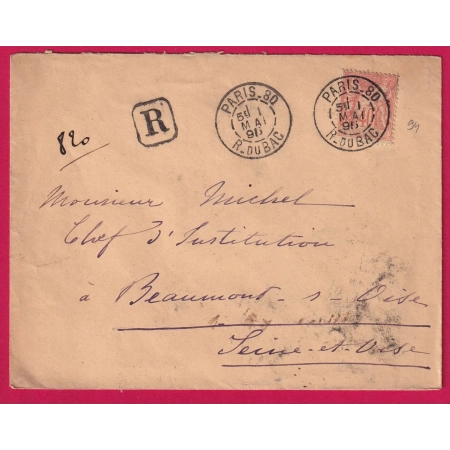N°94 PARIS 80 R DU BAC 1895 RECOMMANDE POUR BEAUMONT SUR OISE LETTRE COVER