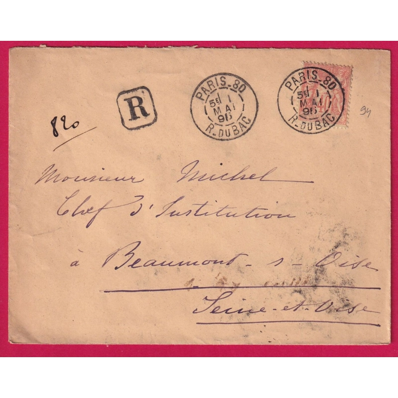 N°94 PARIS 80 R DU BAC 1895 RECOMMANDE POUR BEAUMONT SUR OISE LETTRE COVER