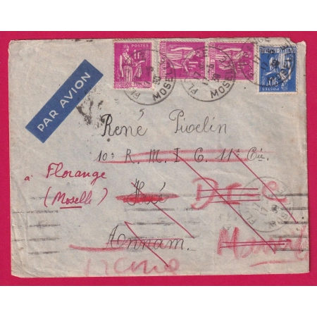 N°368 369 FLORANGE MOSELLE 1939 POUR HUE ANNAM INDOCHINE REEXPEDIEE A FLORANGE LETTRE COVER