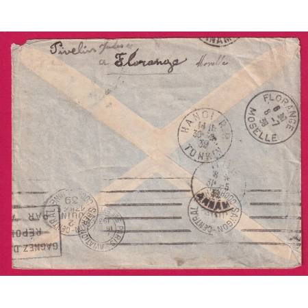 N°368 369 FLORANGE MOSELLE 1939 POUR HUE ANNAM INDOCHINE REEXPEDIEE A FLORANGE LETTRE COVER
