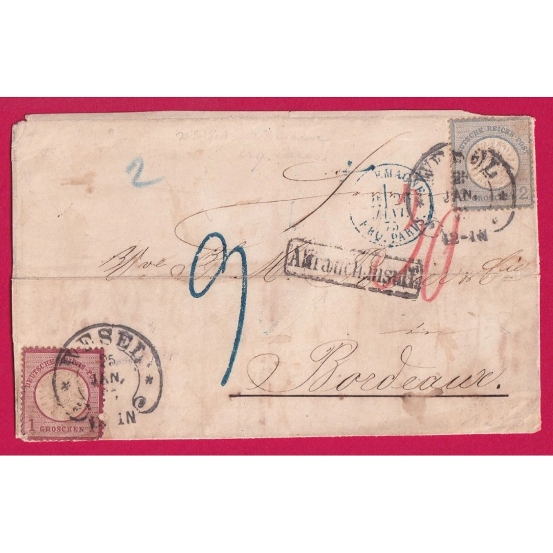 ALLEMAGNE WESEL CAD FER A CHEVAL 1877 TAXE TAMPON 9 EN BLEU AFFR INSUF BORDEAUX DEVANT DE LETTRE LETTRE COVER