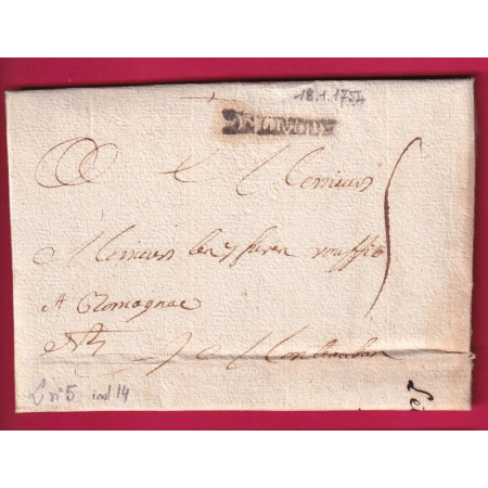 MARQUE DE LIMOUX AUDE LENAIN N°5 INDICE 14 1754 POUR ROMAGNAC LETTRE COVER