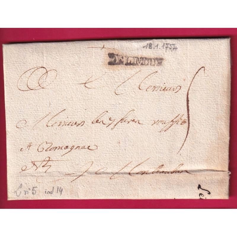 MARQUE DE LIMOUX AUDE LENAIN N°5 INDICE 14 1754 POUR ROMAGNAC LETTRE COVER