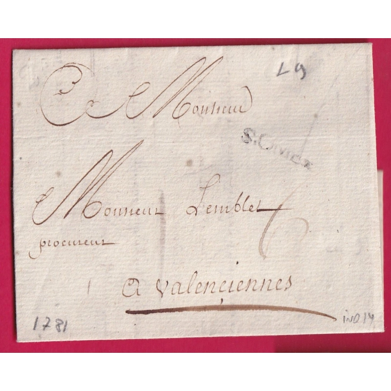 MARQUE ST OMER PAS DE CALAIS 1781 LENAIN N°9 INDICE 14 POUR VALENCIENNES NORD LETTRE COVER