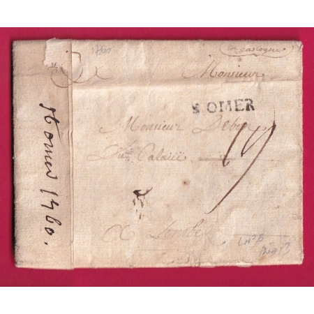MARQUE ST OMER PAS DE CALAIS 1760 LENAIN N°6 TAXE 19 POUR LOMBEZ HAUTE GARONNE INDICE 13 LETTRE COVER