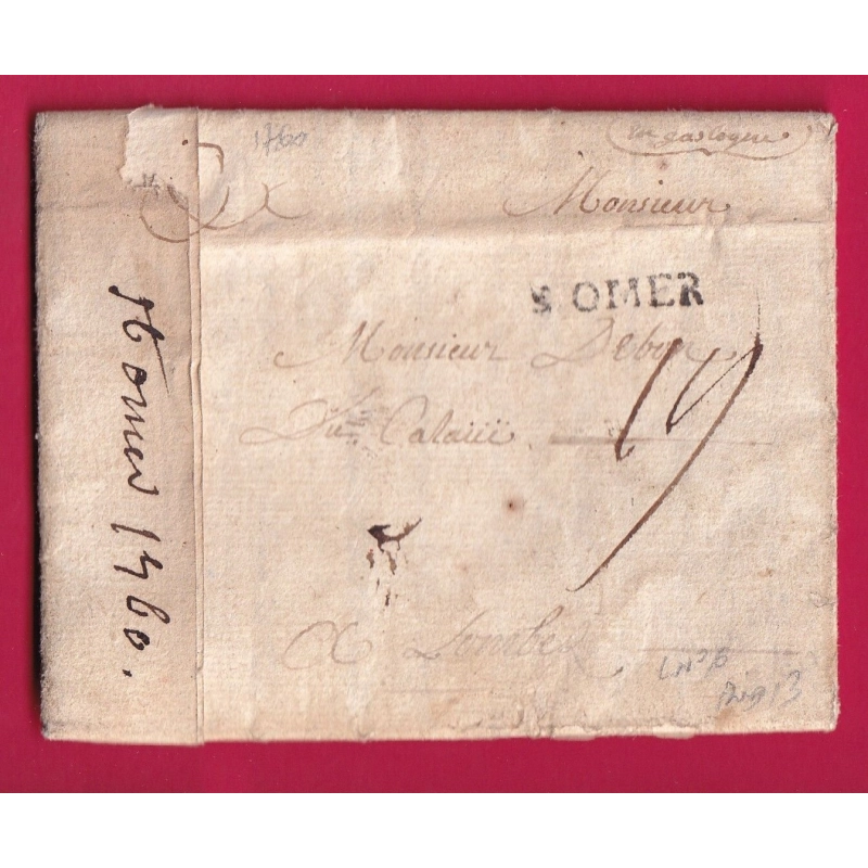 MARQUE ST OMER PAS DE CALAIS 1760 LENAIN N°6 TAXE 19 POUR LOMBEZ HAUTE GARONNE INDICE 13 LETTRE COVER