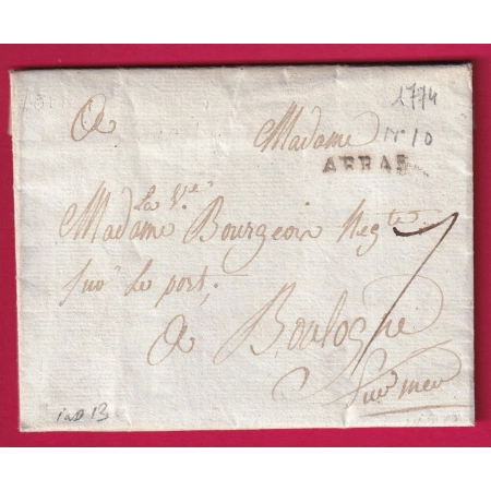MARQUE ARRAS PAS DE CALAIS 1774 LENAIN N°10 INDICE 13 POUR BOULOGNE SUR MER LETTRE COVER