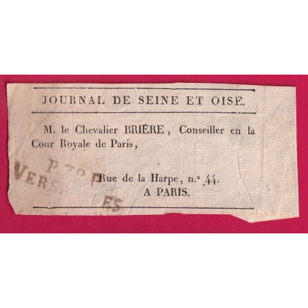 MARQUE P72P VERSAILLES SEINE ET OISE SUR BANDE DE JOURNAL INCOMPLETE POUR PARIS LETTRE COVER