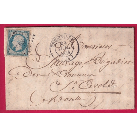 N°14 BLEU LAITEUX 23 JUILLET 1854 PC 3349 THIONVILLE CAD TYPE 1854 POUR ST AVOLD MOSELLE LETTRE COVER