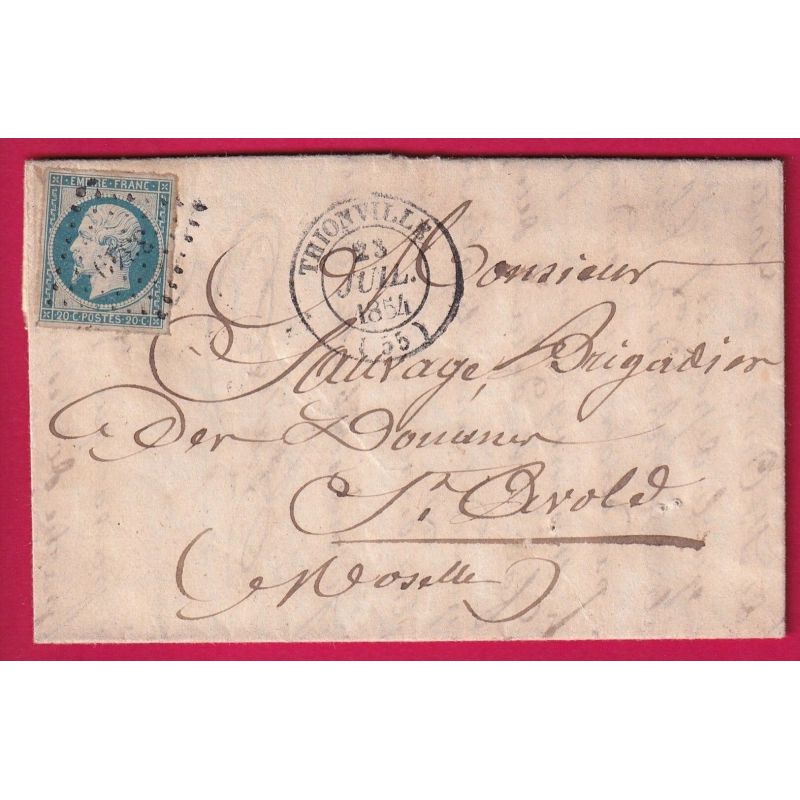 N°14 BLEU LAITEUX 23 JUILLET 1854 PC 3349 THIONVILLE CAD TYPE 1854 POUR ST AVOLD MOSELLE LETTRE COVER